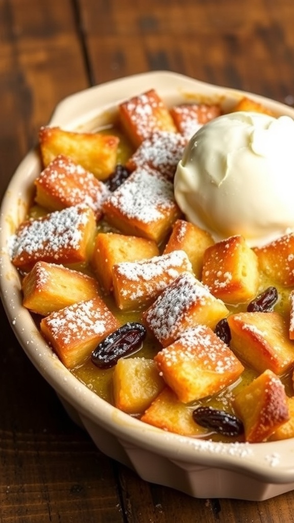 Eggless bread pudding served warm with powdered sugar and a scoop of vanilla ice cream.